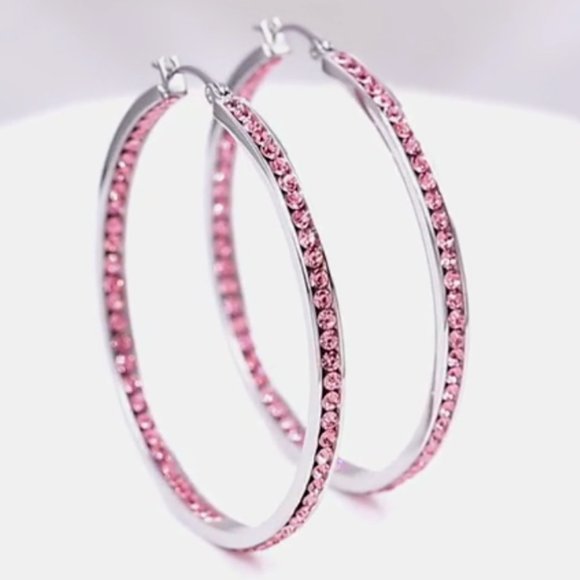 Pink Rhinestone Silver Hoop Earrings Crystal Channel Hoops Sparkling Rhinestones - Picture 7 of 14